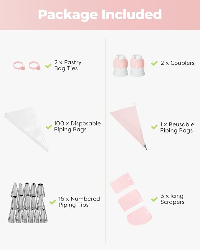 Kootek 124 Icing Piping Bags and Tips Set Frosting Cake Decorating Kit Pink | Baking Supplies Tools, 100 +1 Piping Bags 12", 16 Icing Piping Tips, Reusable Pastry Bag, 3 Scrapers, for Beginners & Pros