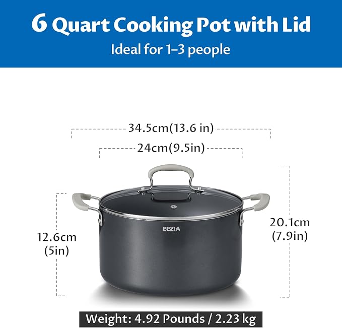 BEZIA 6QT Non Stick Stock Pot with Lid, Ceramic Induction Cooking Pot | Stay-Cool Silicone Handles, Oven Safe & Easy Cleanup, for All Stovetops, for Broccoli Cheddar Soup, Side Dishes, Daily Meals