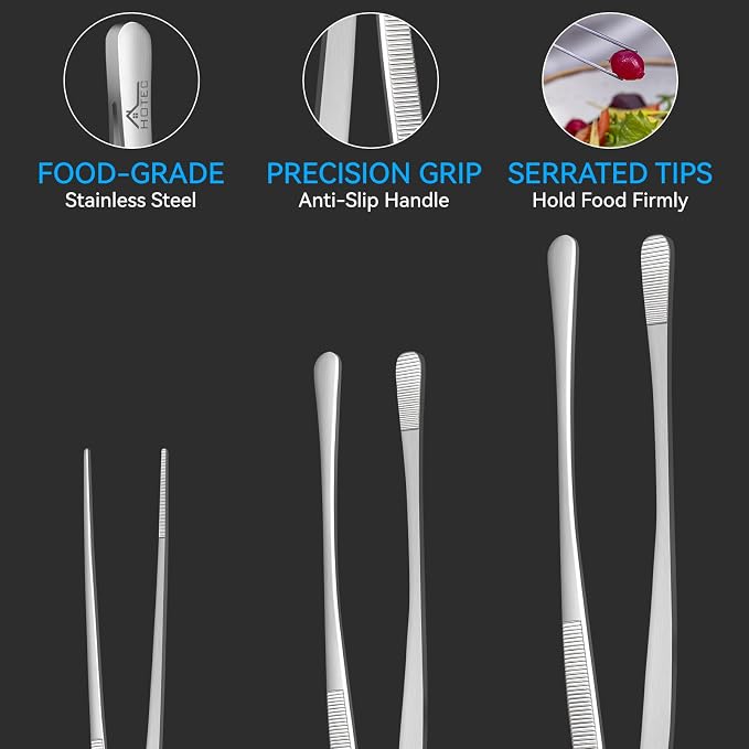 HOTEC Kitchen Tweezers Tongs Stainless Steel Professional Chef Tweezers, Set of 3-6.3", 10" and 12inch Food Tongs for Cooking, Repairing, Dessert, BBQ, Meat, Pasta