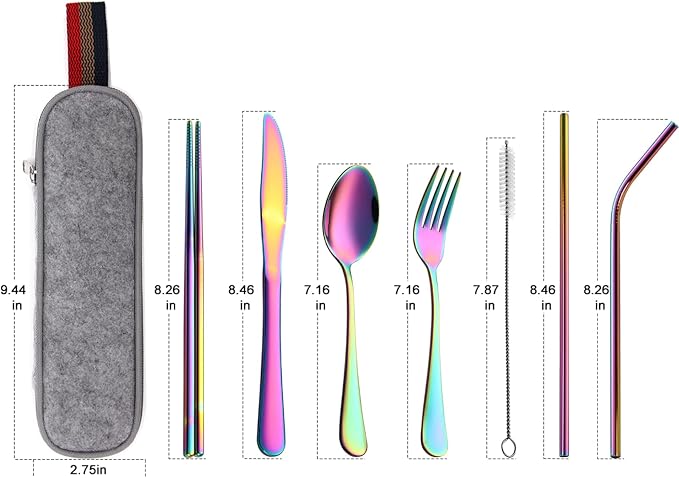 DEVICO Camping Utensils, Full-Size Travel Silverware Set with Case for Work | 8Pcs Stainless Steel Travel Cutlery Set, Portable Metal Straws Chopsticks Fork Spoon Knife Set for Lunch Box/School, Rainbow