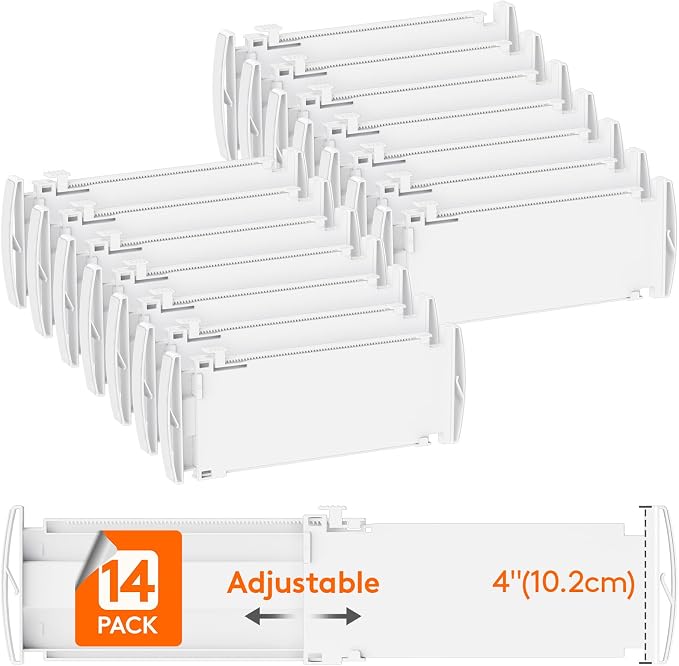 Lifewit 14 Pack 4" High Drawer Divider, Adjustable Drawer Organizer Clothes | 10.5"-16.5" Expandable White Plastic Separators for Dresser, Kitchen, Cabinet, Nursery, Office, Socks & Underwear Storage