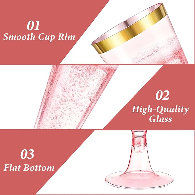 100 Pack Pink Plastic Champagne Flutes with Gold Rim, 5.5 Oz Clear Disposable Plastic Champagne Glasses, Wine Glasses Cups for Wedding Celebration Birthday Party Wine Tasting New Years Eve Supplies