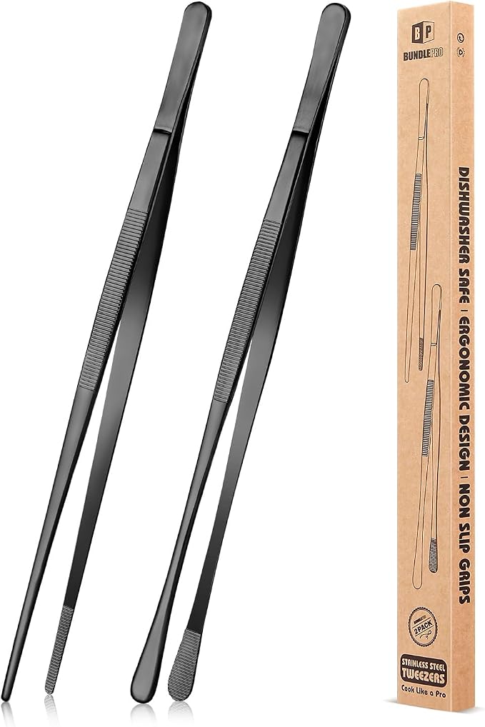 2 Pcs 12-Inch Kitchen Tweezers Fine Tweezer Tongs, Stainless Steel Professional Long Cooking Tweezers for BBQ, Sea Food, Repairing and Serving (BLACK)
