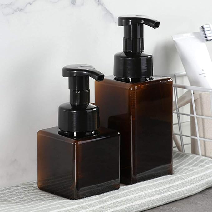 Foaming Soap Dispenser, 9oz Plastic Refillable Pump Bottle, 2 Pack, Amber | Hand Dispenser for Liquid Soap, Shampoo & Body Wash – Saves Soap with Rich Foam, Reusable, Easy to Refill, BPA-Free