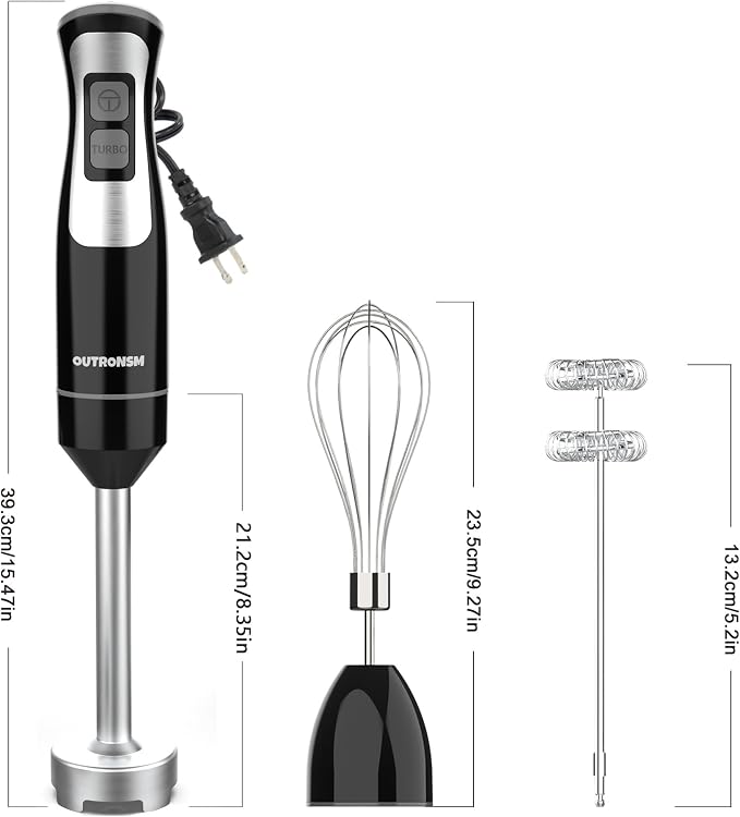 Immersion Blender Handheld, OUTRONSM Hand Blender with 4-point thickened SS blades, Milk Frother, Egg Whisk for Coffee Milk Foam, Puree Baby Food, Smoothies, Sauces and Soups – Black | 8-speed stick blender, Pure Copper Winding Motor, 5.2 feet power co...