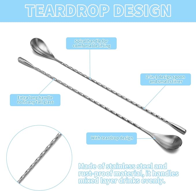 2 Pcs 12 Inch Bar Mixing Spoon Cocktail Spoon Stainless Steel Bar Long Spoon With Spiral Pattern