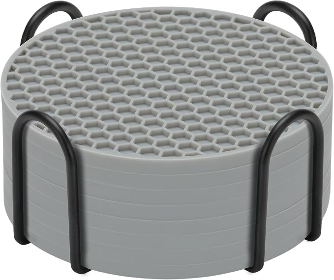 TWTLi Silicone Coasters Set of 8 with Holder — Non-Slip Drink Coasters for Coffee Table, Home Bar & Kitchen, Protects Wood & Marble Surfaces from Water Rings, Dishwasher Safe (Gray)