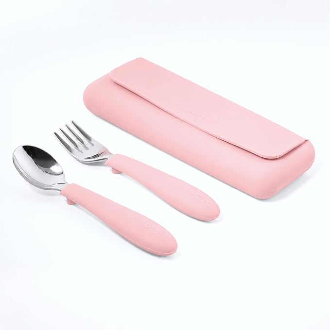 ASOMIC 316 Stainless Steel Toddler Utensils with Travel Case, Pink | 316 stainless steel fork and spoon with BPA-free silicone handles and travel case; dishwasher safe.