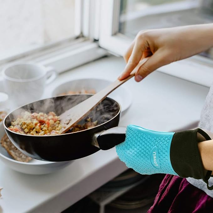Silicone Oven Mitts Gloves - Heat Resistant, Non-Slip for BBQ, Grilling | 450°F Double-Layer｜Waterproof Kitchen Cooking Barbecue Mittens ｜5 Finger Hot Mitt for Baking, Smoker& Cast Iron(One Size)