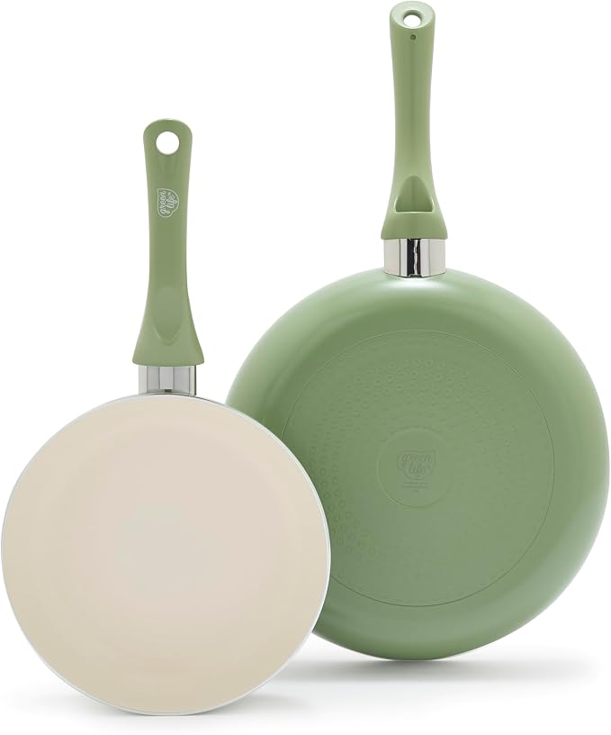 GreenLife 2 Piece (8" & 10") Ceramic Nonstick Skillet Set, Sage Green | PFAS-Free Nonstick Coating, Frying Pans, Omelet Pans, Everyday Pan, Induction Ready, All Stovetop Compatible, Dishwasher Safe