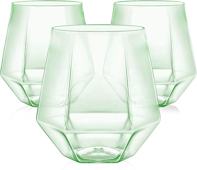 40 Pack Plastic Wine Glasses, 12 Oz Disposable Cocktail Whiskey Glasses | Diamond Stemless Champagne Margarita Glasses, Unbreakable Reusable Plastic Party Cups for Wedding Birthday (Green)