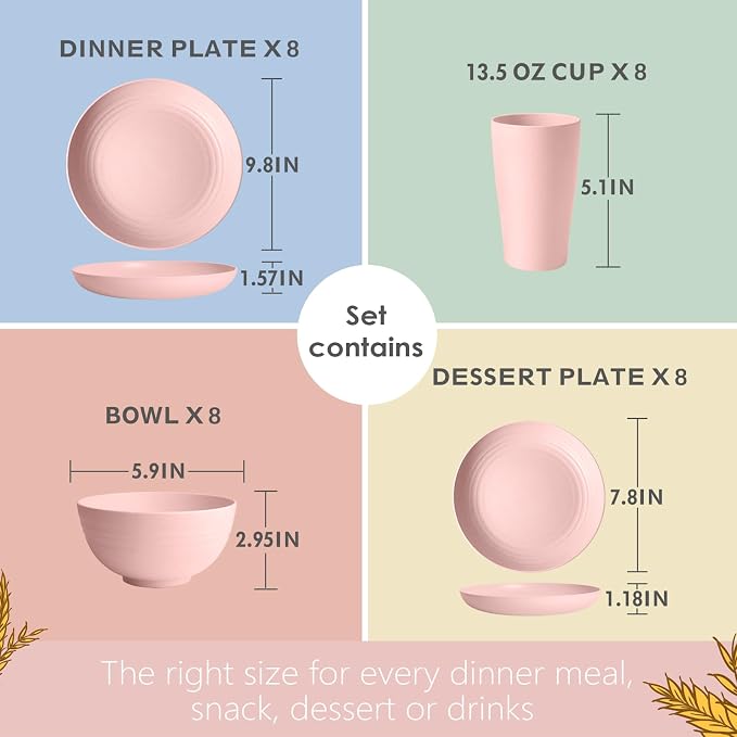 Teivio 32-Piece Plates and Bowls Sets for 8, Pink Kitchen Dinnerware Sets | 13.5oz Cups, Plastic Wheat Straw Unbreakable Dish Set, Dishwasher Safe, for Outdoor Camping RV Apartment Essentials Plate Set