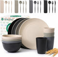 Premium Wheat Straw Dinnerware Sets 28 PCS Unbreakable Plates and Bowls Sets Microwave Safe Dishes Kitchen Utensils for Camping, RV, Party, Apartment, Travel Dishes Set of 4(GreyStone)