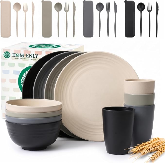 Premium Wheat Straw Dinnerware Sets 28 PCS Unbreakable Plates and Bowls Sets Microwave Safe Dishes Kitchen Utensils for Camping, RV, Party, Apartment, Travel Dishes Set of 4(GreyStone)