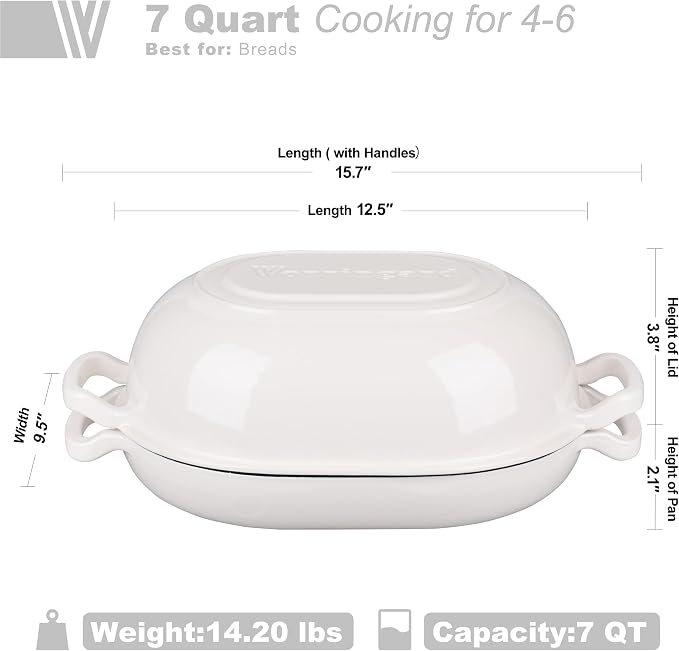VORRINGARD Enameled Cast Iron Sourdough Bread Oven, Dutch Oven, Loaf Cast Iron Bread Pan for Homemade Bread Baking, Meatloaf Pan with Lid, 7QT, White