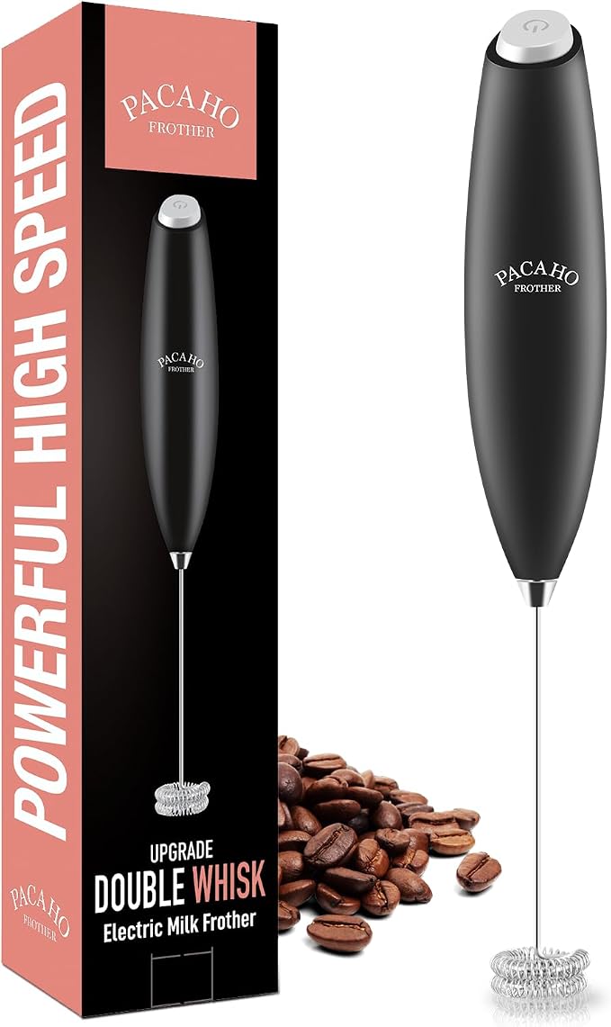 PACAHO Powerful Milk Frother with Double Whisk, Handheld Electric Foam Maker, Hand Mixer Wand, Portable Mini Blender Foamer Stirrer for Coffee, Latte, Matcha,Hot Chocolate