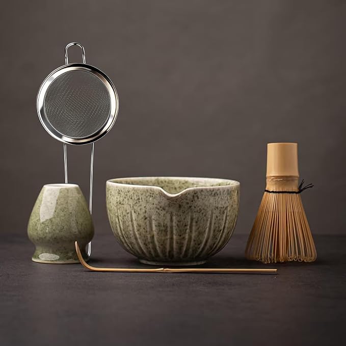 TANG PIN Matcha Set - Match Bowl and Whisk, 15 OZ Matcha Whisk Set | Matcha Scoop | Matcha Whisk Stand (Chasen Holder) - 5pc Perfect Matcha Kit for Matcha Tea Ceremony (Mottled Green)
