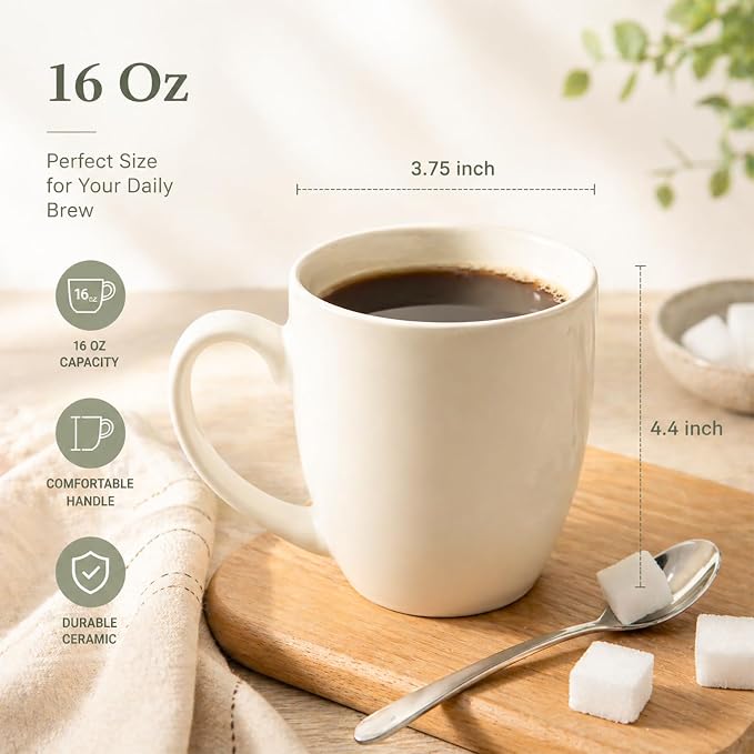 AmorArc 16 oz Coffee Mugs Set of 6, Large Ceramic Coffee Cups-Light Beige | Classic Coffee Mugs Set for Men,Women,Tea/Latte/Cappuccino/Cocoa. Dishwasher&Microwave Safe-