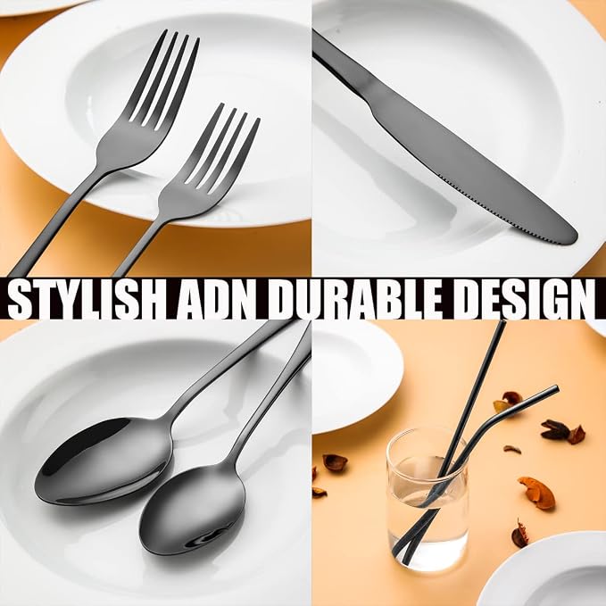 56 Pieces Black Silverware Service for 8 Flatware Set Stainless Steel Utensils Cutlery Set Dishwasher Safe