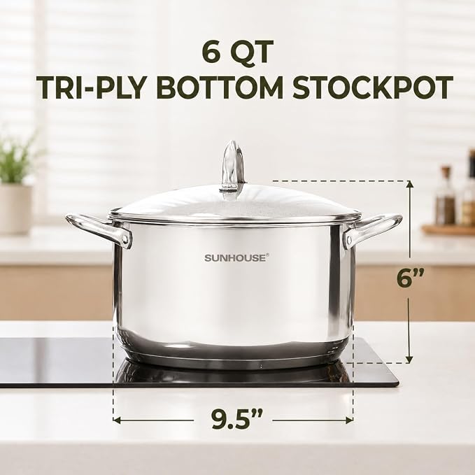 Sunhouse 6 QT Stainless Steel Stock Pot with Lid - Large Pot for Cooking | Stainless Steel Pot For Pasta, Soup, Spaghetti - Impact Bonding Base Big Pots for Canning, Boiling - Induction Compatible