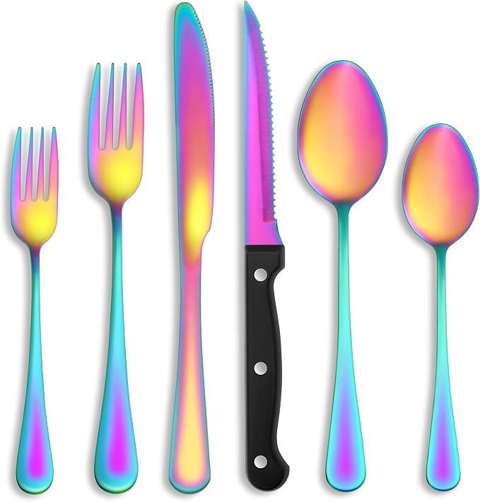 72 Pcs Rainbow Silverware Set with Steak Knives, Stainless Steel Flatware Cutlery Set for 12, Kitchen Tableware Sets, Utensil Sets for Home and Restaurant, Dishwasher Safe