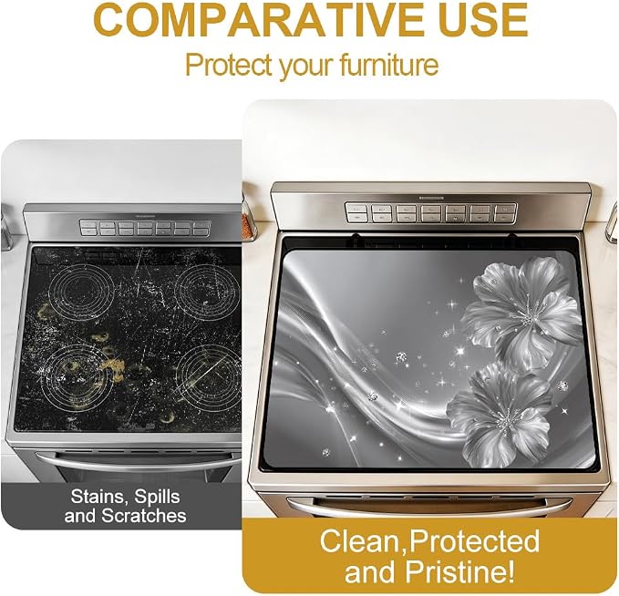 Silver Flower Stove Top Cover 28x20 Inch Decorative Glass Stove Cover | Heat Resistant Cooktop Protector Mat with Non-Slip Backing, Scratch Protection and Countertop Drying Mat.