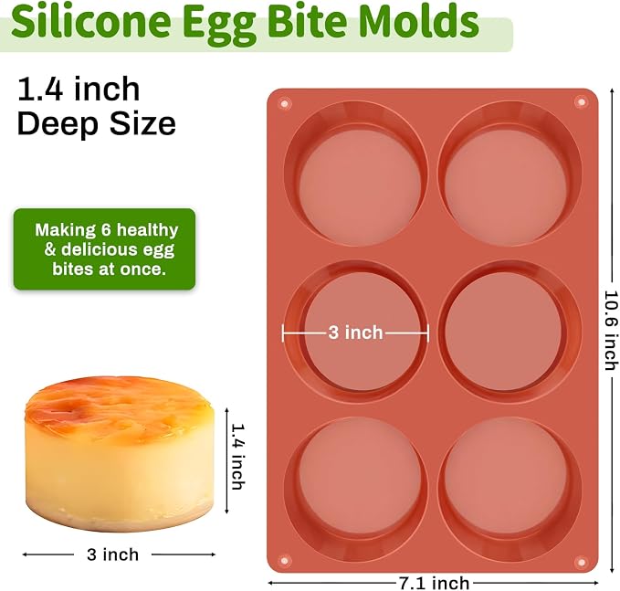 JOERSH Silicone Egg Bite Molds, 3 Inch, 2 Pack | Frittata Baking Pans, Non Stick, Round Silicone Molds, For Egg Breakfast Sandwich, English Muffin, Cheesecake, Dinner Rolls