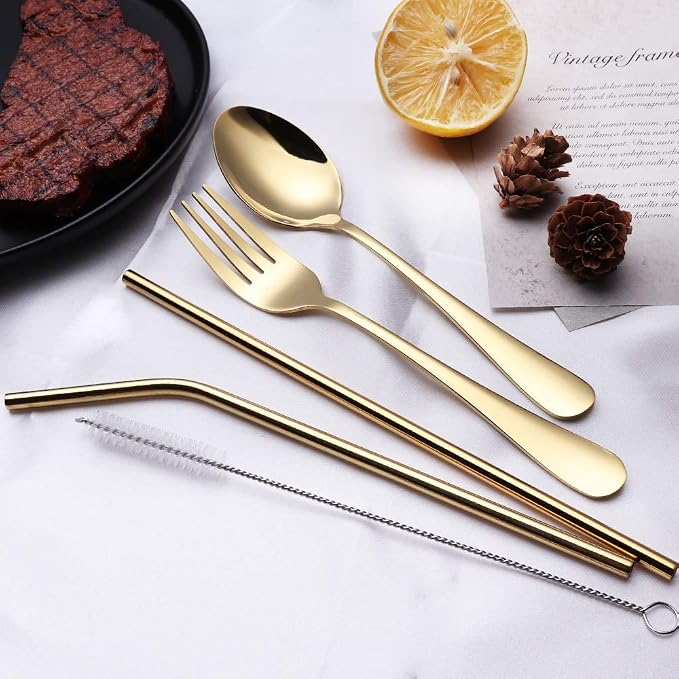 Portable Stainless Steel Flatware Set, Travel Camping Cutlery Set, Portable Utensil Travel Silverware Dinnerware Set with a Waterproof Case (Gold)