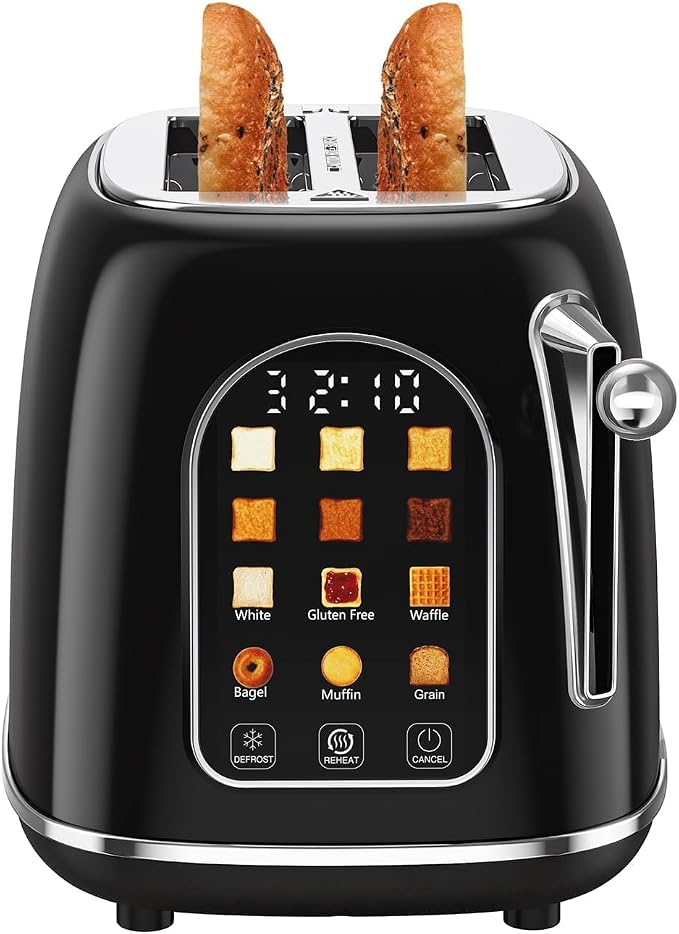 Mecity Toaster 2 Slice, Touch Screen Wide Slot Retro Toaster For Breads Bagel Muffin Waffle, House Warming Gift New Home, 120V 825W, Jet Black