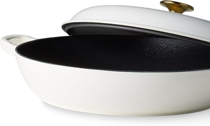 CAROTE 3.4QT Enamel Cast Iron Cookware, Skillet with Lid, White Dutch Oven | Shallow Round Braiser Pan Oven Safe, Non-Toxic Pot for Grilling, Searing, Baking, Dual Handles, All Stovetop Compatible