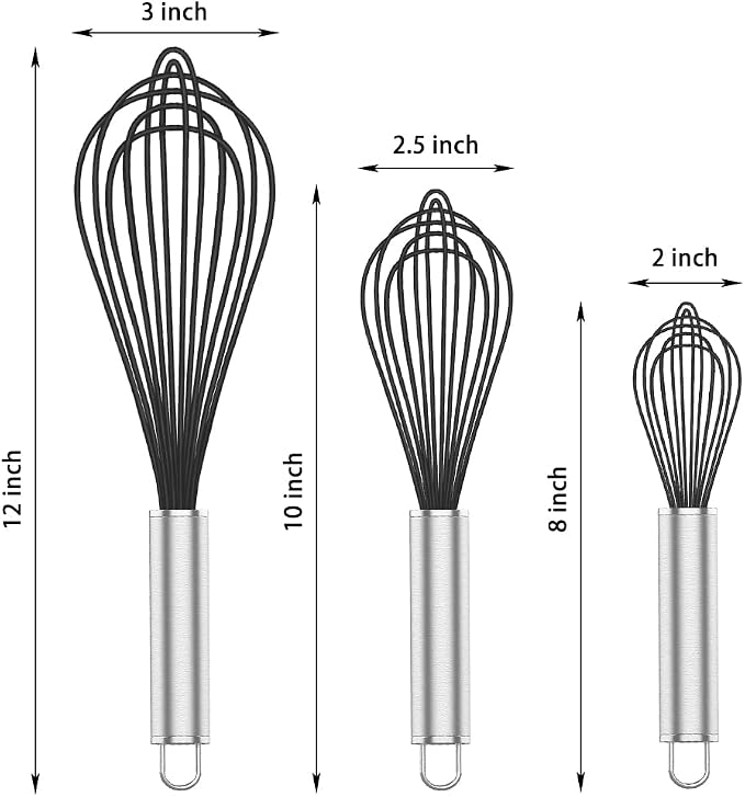 OYV Black Silicone Whisk Set of 3, 8/10/12 Inch, Non-Scratch | BPA-Free Silicone, Heat Resistant Up to 480°F, Stainless Steel Core, Dishwasher Safe, Nonstick-Safe