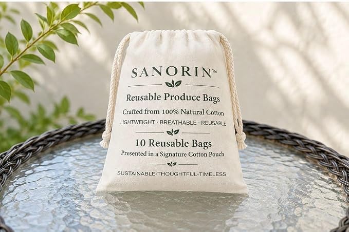 Reusable Cotton Produce Bags (10 Pack + 1 Premium Stotage Pouch) - Organic Cotton Mesh Bags for Fruits & Vegetables, Washable, Double-Stitched, Tare Weight, Eco-Friendly Storage (4L, 4M, 2S)