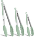 HOTEC Premium Stainless Steel Locking Kitchen Tongs with Silicon Tips, Set of 3-7", 9" and 12" (Light Green)