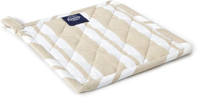 Encasa XO Pot Holders, Quilted Kitchen Hot Pads 8"x8" Franca Beige Stripes | 100% Eco-Friendly Cotton | Thick Cotton Padding Insulation | Convenient Hanging Loop | Set of 2