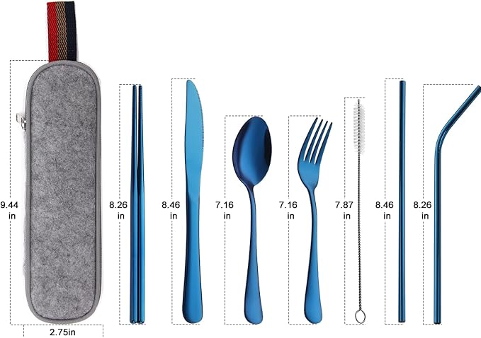 DEVICO Portable Utensils, Travel Camping Cutlery Set, 8-Piece including Knife Fork Spoon Chopsticks Cleaning Brush Straws Portable Case, Stainless Steel Flatware set (Blue) | 8Pcs Stainless Steel Travel Cutlery Set, Portable Metal Straws Chopsticks For...