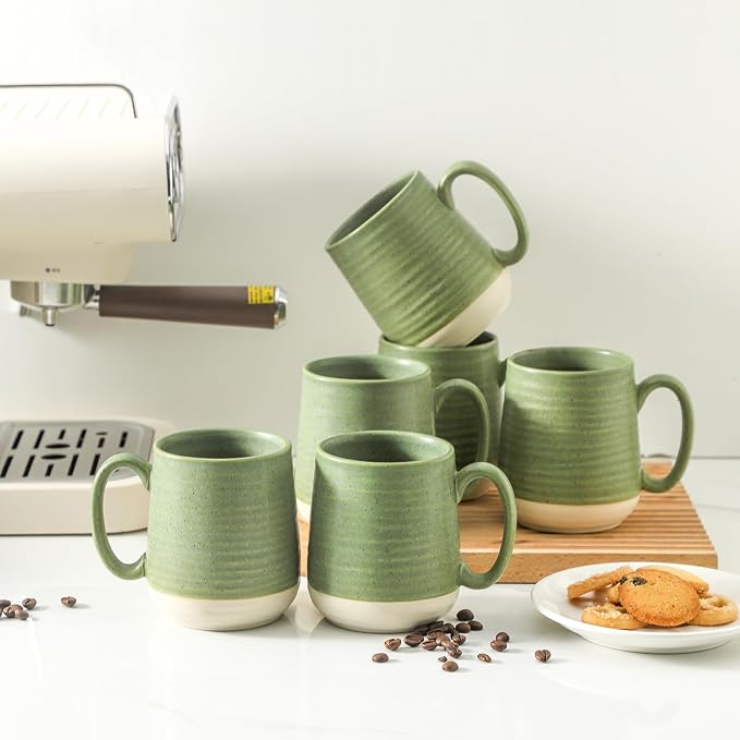 HASENSE Porcelain Coffee Mugs Set of 6, 15 Ounce Large Ceramic Coffee Cups Set with Handle for Latte, Tea, Cocoa and Hot Chocolate, Green Coffee Mugs for Men and Women, Microwave Safe