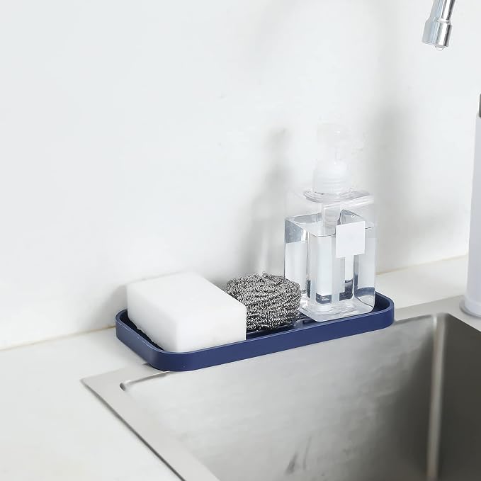 MicoYang Silicone Kitchen Sink Organizer Tray for Multiple Usage,Eco-Friendly Sponges Holder for Kitchen Bathroom Counter or Sink,Dish Soap Dispenser,Scrubber,Bottle,Cup (Navy Blue, 10"×5.3")