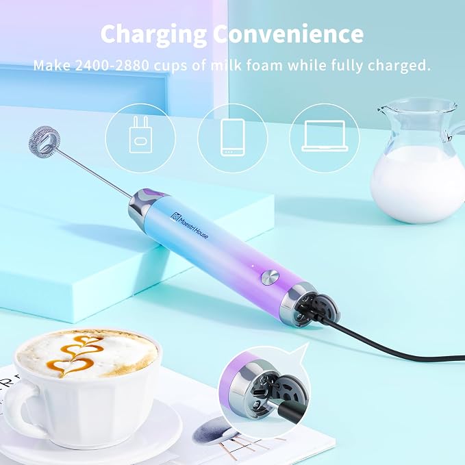 Maestri House LunaFro Rechargeable Milk Frother,Stand & 2 Detachable Whisks | 8000RPM Turbo Motor, 1200mAh lithium battery, Handheld Milk Frother for Lattes, Cappuccino, Matcha & Powdered Supplements