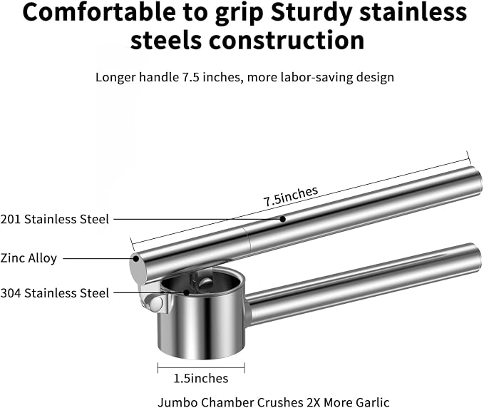 5-in-1 Stainless Steel Garlic Press Set with Jumbo Chamber & Mincer - Heavy Duty Rustproof Garlic Crusher with Ergonomic Handle, Dishwasher Safe, Easy Squeeze Design for Ginger, Nuts, Herbs