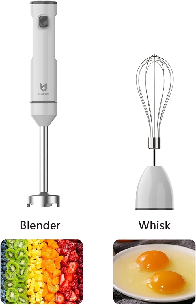 UTALENT Cordless Hand Blender with whisk for Smoothies, Milkshakes & Soups | Variable speed immersion blender, Pure Copper Winding Brushless Motor, USB-C rechargeable, Long-lasting, Ice crush blade