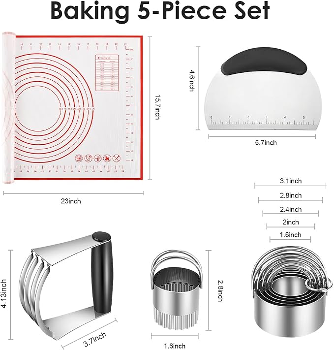 Pastry Cutter, Biscuit Cutter, Dough Scraper,Pastry Blender,Baking Mats | Stainless Steel Dough Cutter Set,Biscuit Cutter Baking Pastry Mat Dough Blender Tools & Pastry Utensils (5 Pcs/Set)