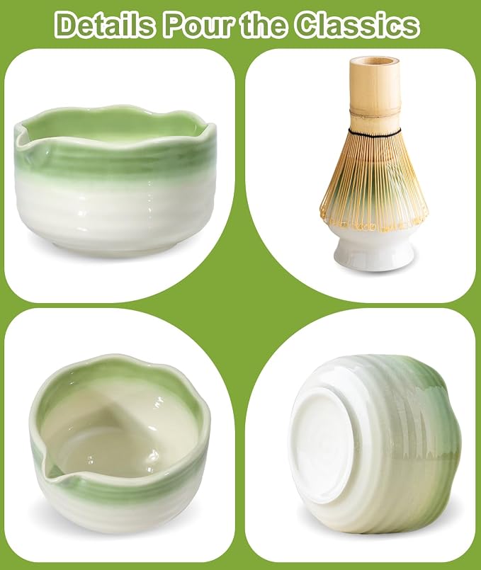 JBER Matcha Set, 7PCS Matcha Whisk Set with Bamboo Whisk for Matcha Starter | Ceramic Matcha Kit Includes 17oz Bowl, Whisk (Chasen) 100 Prongs, Holder, Spoon, Sifter for Matcha Beginners, Gradient Green