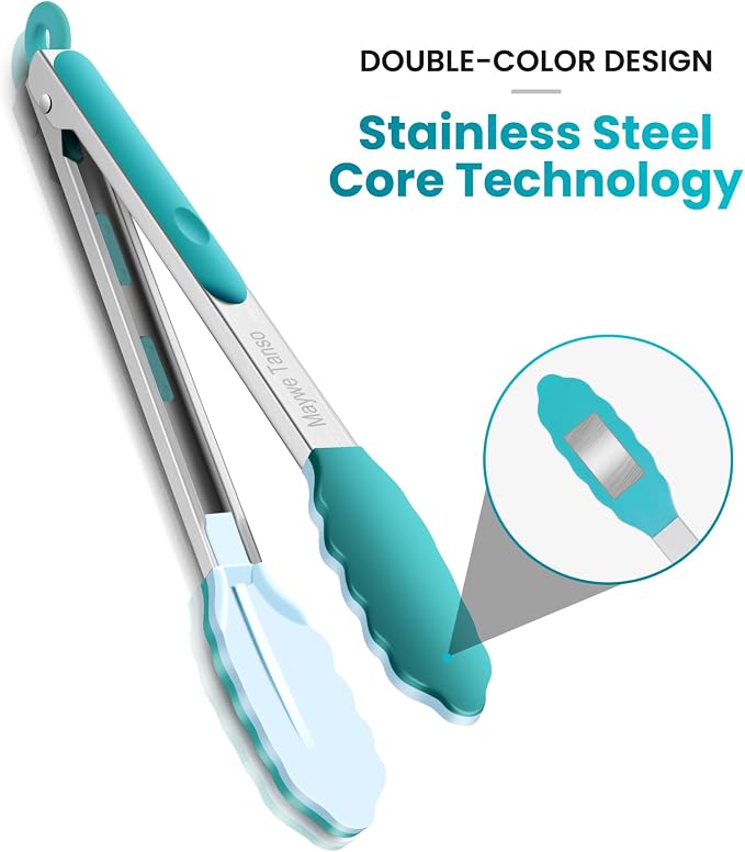 12-Inch Kitchen Tongs for Cooking with Silicone Tip,Turquoise | 600℉ Heat-Resistant,Stainless Steel Locking Cooking Tongs Food Tongs for BBQ/Cooking/Salad/Serving Food,Heavy Duty,Non-Stick