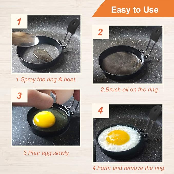 COTEY 3.5" Egg Rings Set of 2 with Silicone Handle, Large Ring for Frying Eggs, Round Mold for English Muffins - Griddle Cooking Shaper for Breakfast | Stainless Steel Fried Egg Cooker Ring Molds for English Muffin. Heat-resistant Silicone Handles Idea...