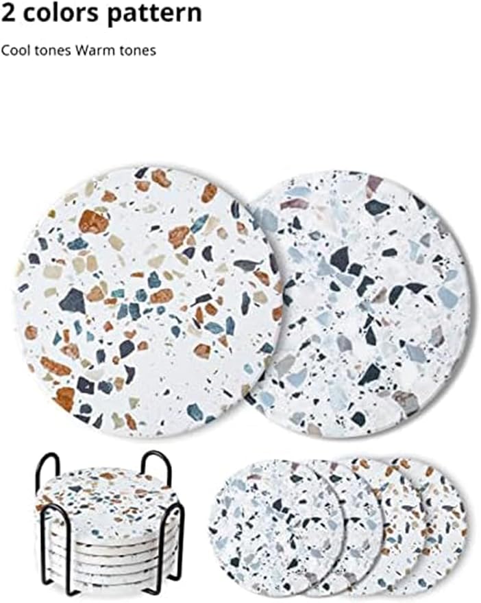 LIFVER Coasters Set of 6, Terrazzo Style Ceramic Drink Coasters with Holder | Set of 6 terrazzo coasters with holder, absorbent & non-slip cork back, protects tables from rings/scratches, stylish gift