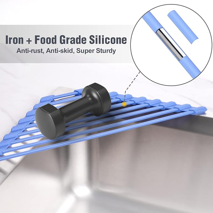 Tomorotec Triangle Roll Up Dish Drying Rack with Silicone Coating, Blue | 304 Stainless Steel with BPA-Free Silicone, Triangle Design Maximizes Sink Corner Space, Fits Compact Kitchens And RVs