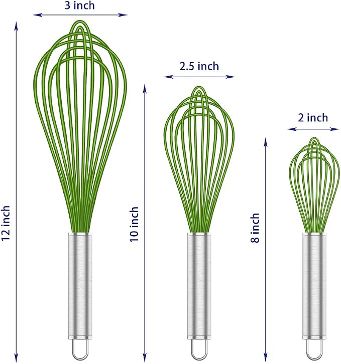 OYV Green Silicone Whisk Set of 3, 8/10/12 Inch, Non-Scratch | BPA-Free Silicone, Heat Resistant Up to 480°F, Stainless Steel Core, Dishwasher Safe, Nonstick-Safe