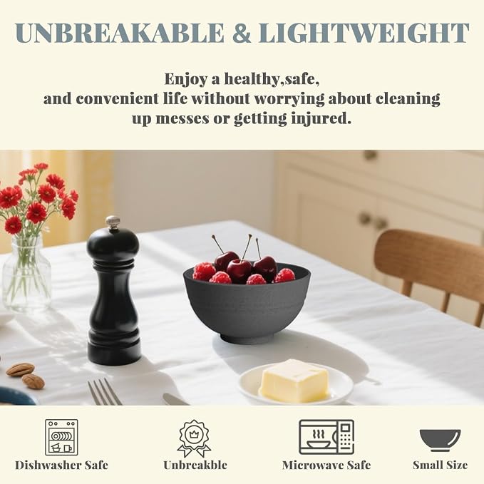 Wheat Straw Small Bowls, Dessert Bowls for Kitchen, Camping, Party, Unbreakable Mini Bowl Set of 8, 10 OZ Microwave and Dishwasher Safe Appetizer Bowl,Yogurt Bowls Set (Dark Grey)