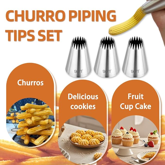 3PCS 9FT Large Churro Piping Tips and Bags Set for Eclairs,Butter Cookies | eclair piping tip,with 30Pcs18Inch Large Piping Bags,Large Open Star Pastry Tip,Churros maker,Cupcake Decorating tip