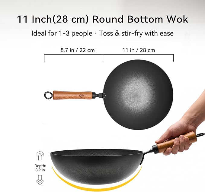 WANGYUANJI Carbon Steel Wok Pan 11 Inch - Round Bottom Traditional Pow Wok (Requires Gas Stove & Wok Ring) - No Coating Hand Hammered Stir Fry Pan with Lid & Detachable Handle